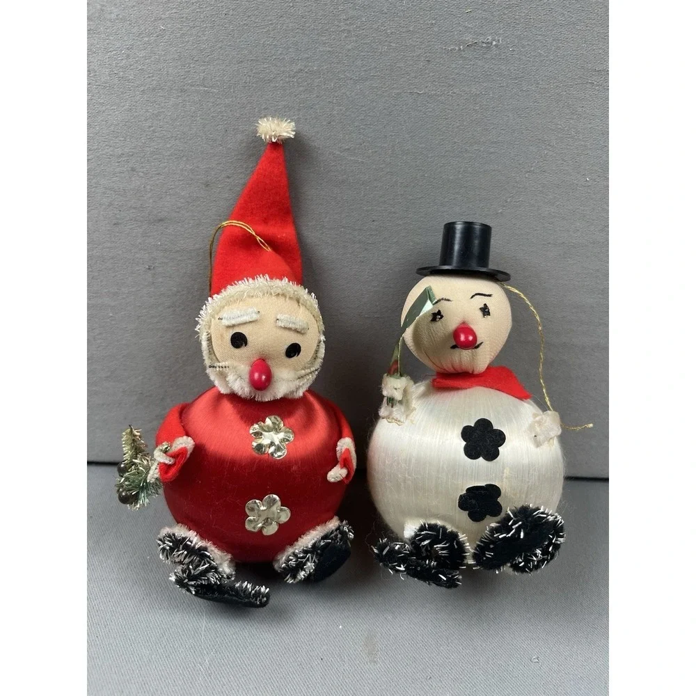 Vintage Christmas Ornament‎ Snowman And Santa Satin Ball Figure 1970's
